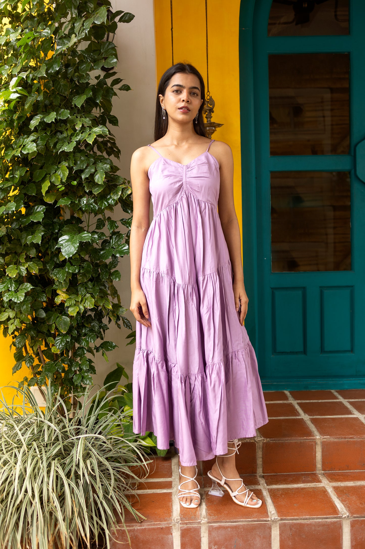 Blair's Grace Dress front view – women's single strap breathable Tencel Twill dress in lavender– NIOUR India