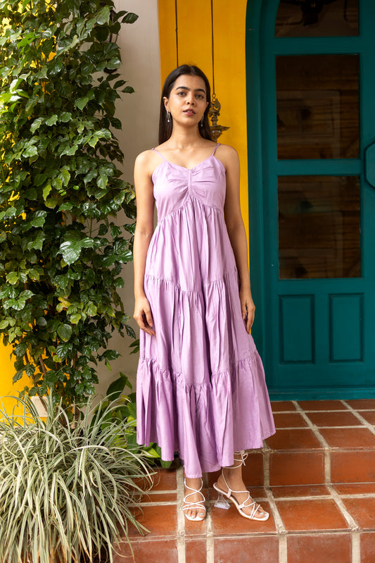 Blair's Grace Dress front view – women's single strap breathable Tencel Twill dress in lavender– NIOUR India