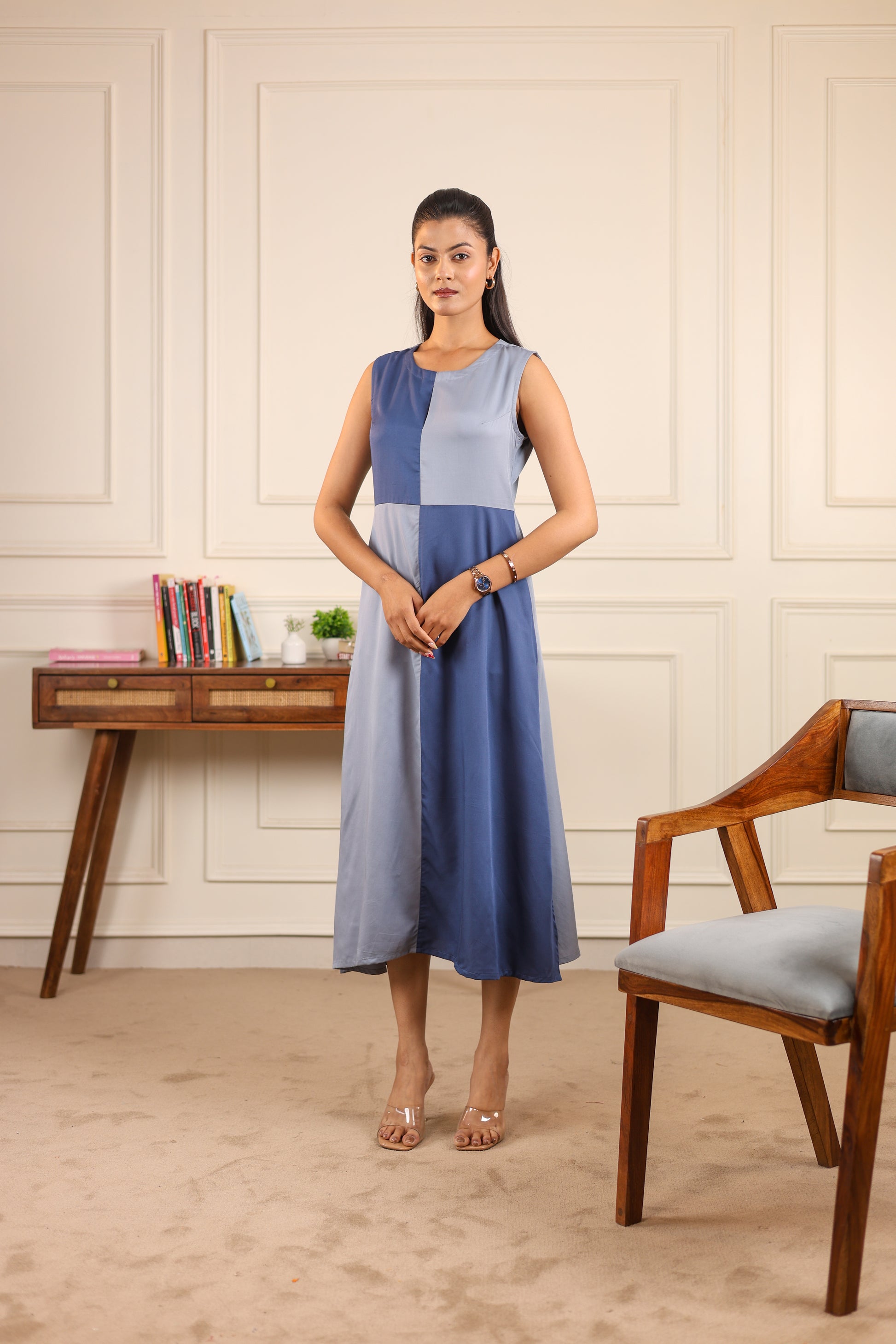 Woman in Blue Haze Dress – sustainable blue grey Tencel midi dress – slow fashion by NIOUR India