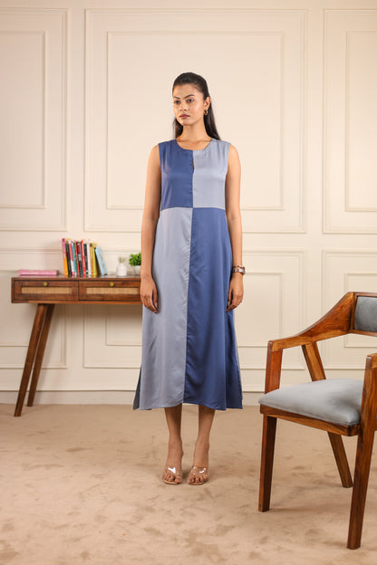 Blue Haze Dress styled – women's colour block Tencel midi dress – eco-friendly fashion NIOUR India
