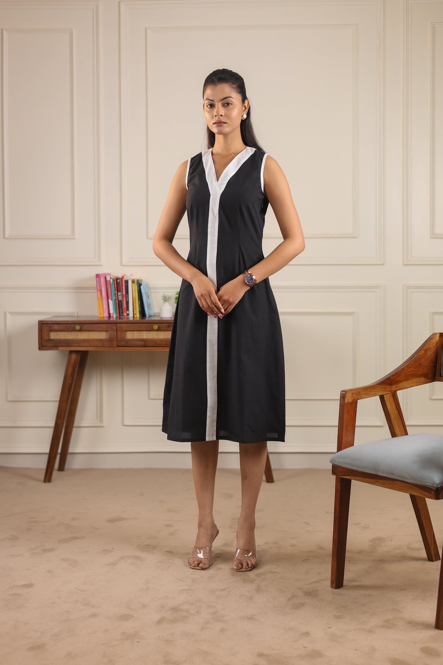 Chalk Stitch Dress full body look – black A-line dress with white piping detail – sustainable NIOUR India