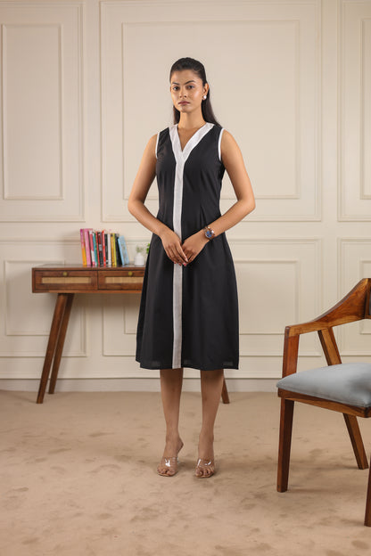 Chalk Stitch Dress full body look – black A-line dress with white piping detail – sustainable NIOUR India