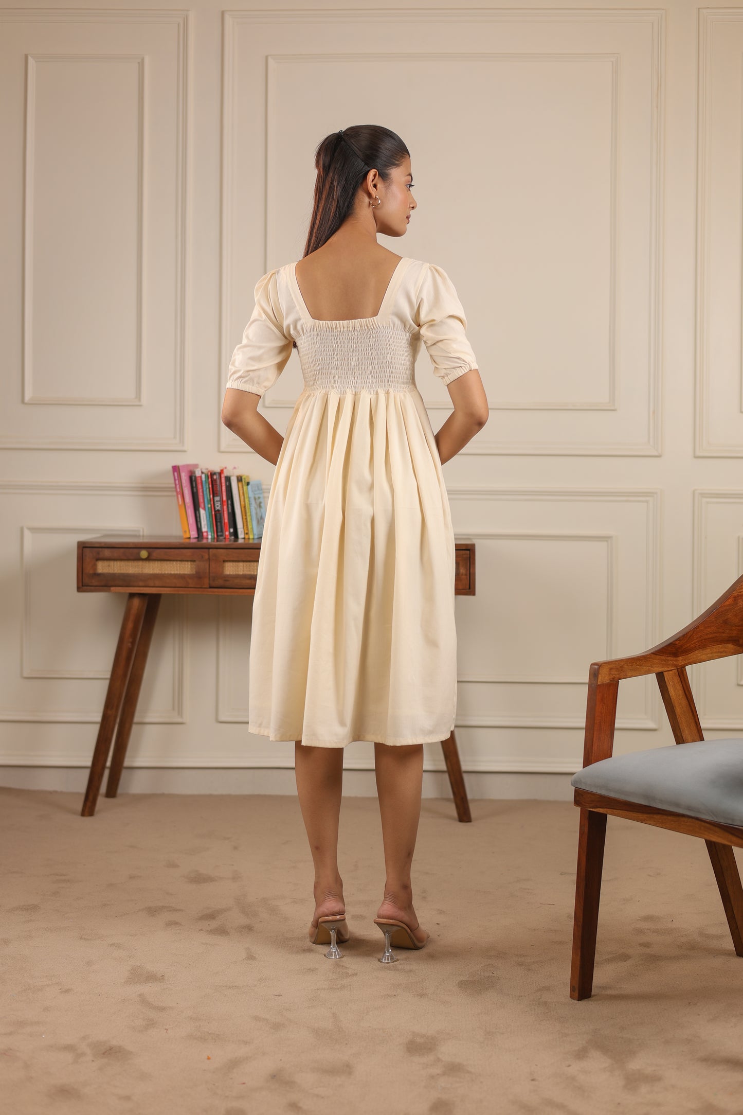  Ivory Drift Dress back view – smocked banana cotton midi dress for women – breathable NIOUR India