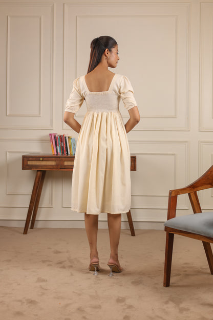  Ivory Drift Dress back view – smocked banana cotton midi dress for women – breathable NIOUR India