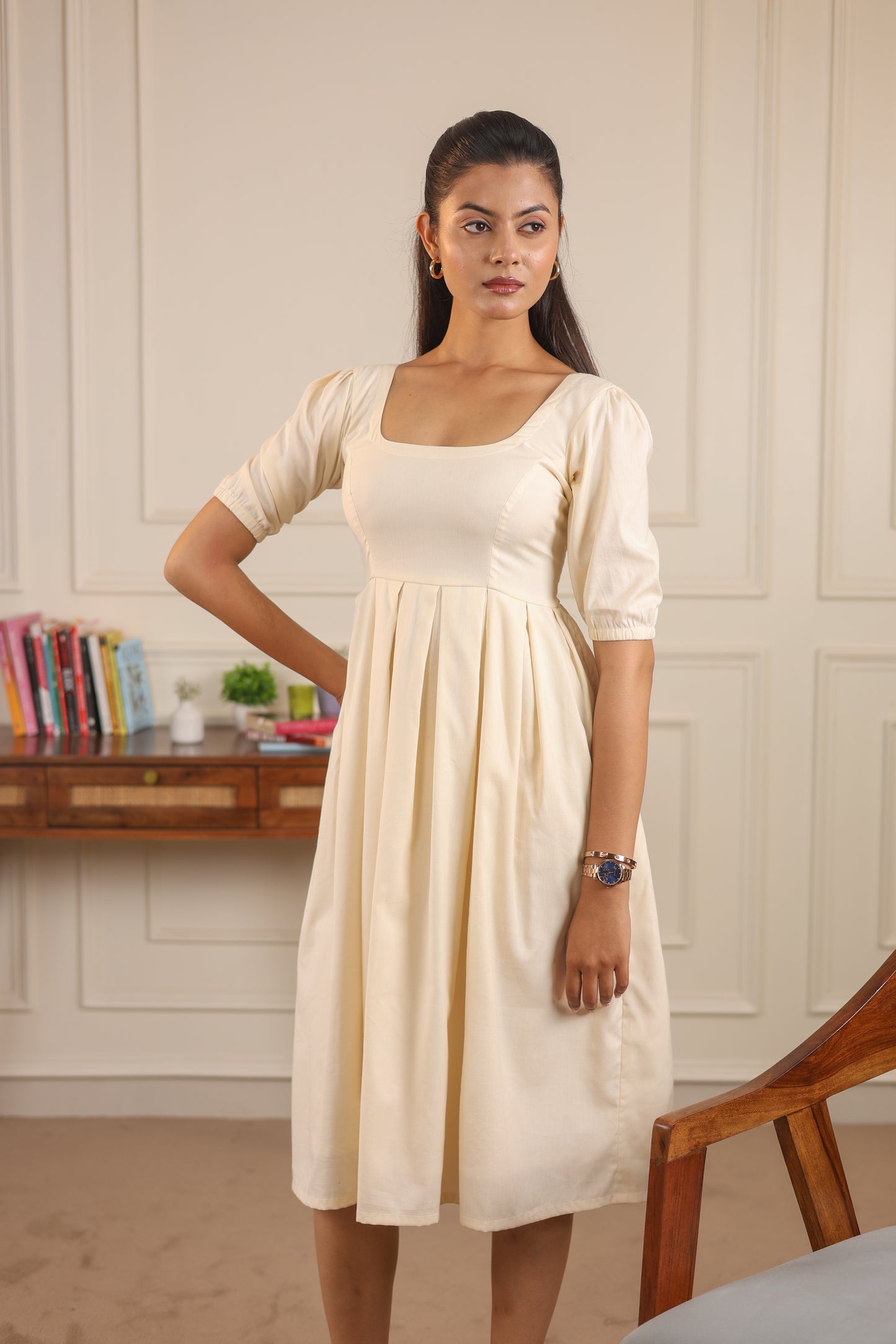 Ivory Drift Dress front view – women's ivory banana cotton midi dress – NIOUR sustainable fashion India