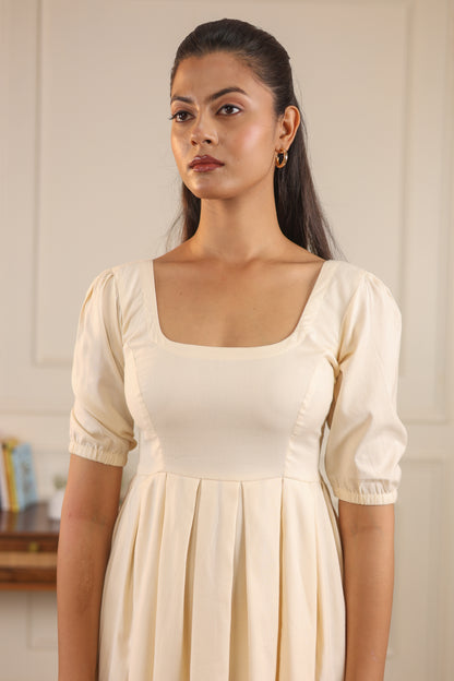  Ivory Drift Dress square neckline detail – puff sleeve banana cotton dress for women – NIOUR India