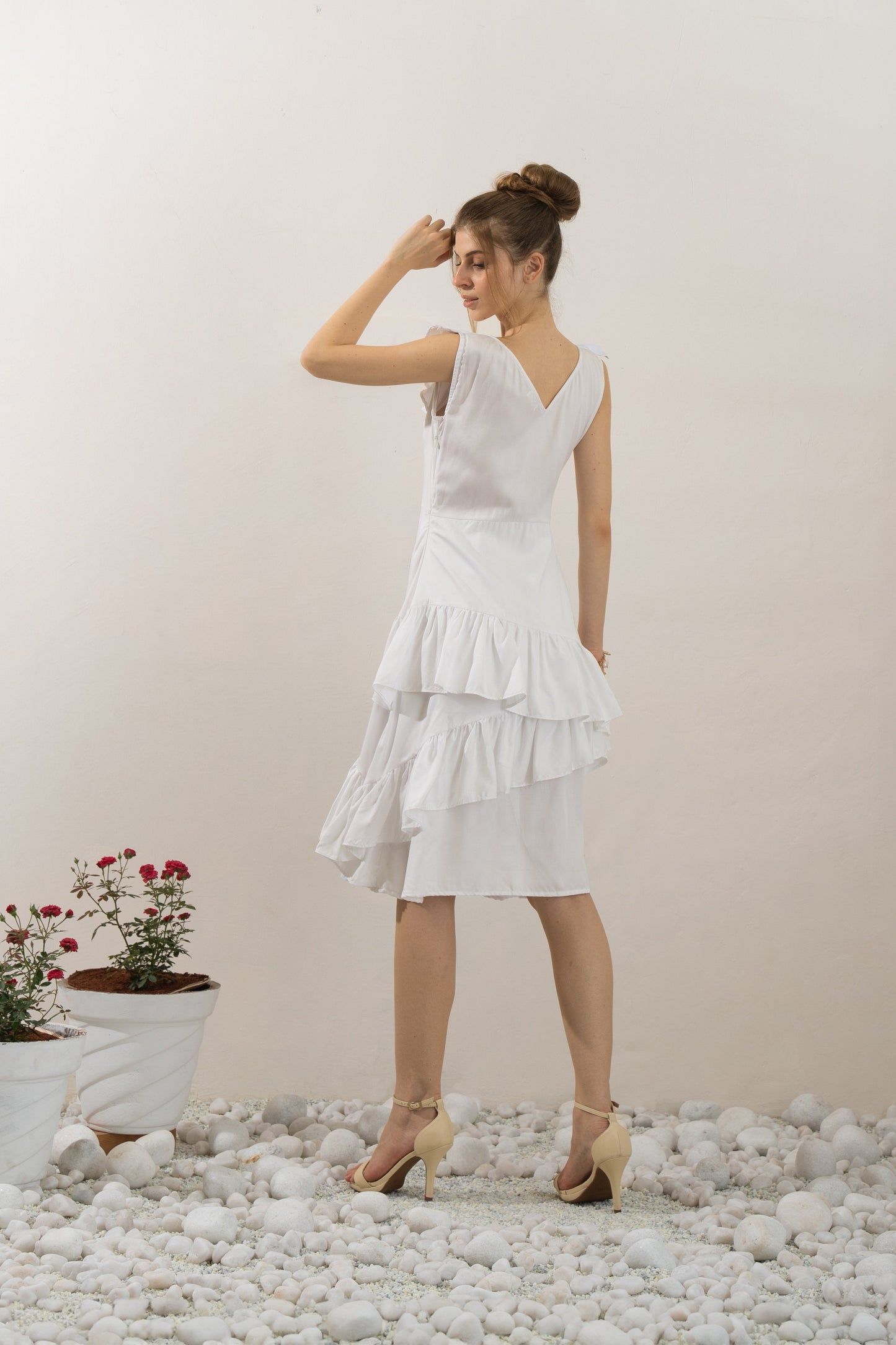 River Ruffle Dress back view – breathable white Tencel women's dress – slow fashion by NIOUR India