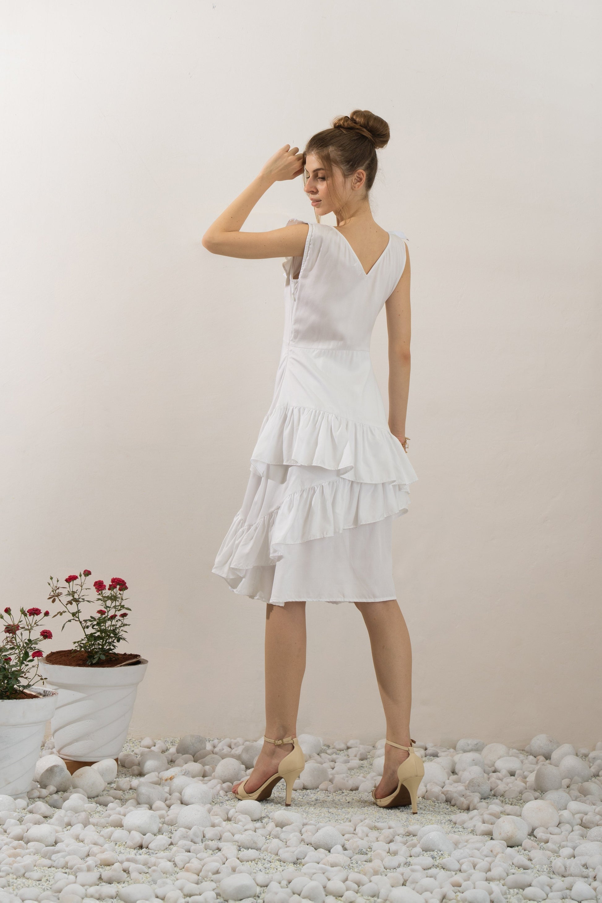 River Ruffle Dress back view – breathable white Tencel women's dress – slow fashion by NIOUR India