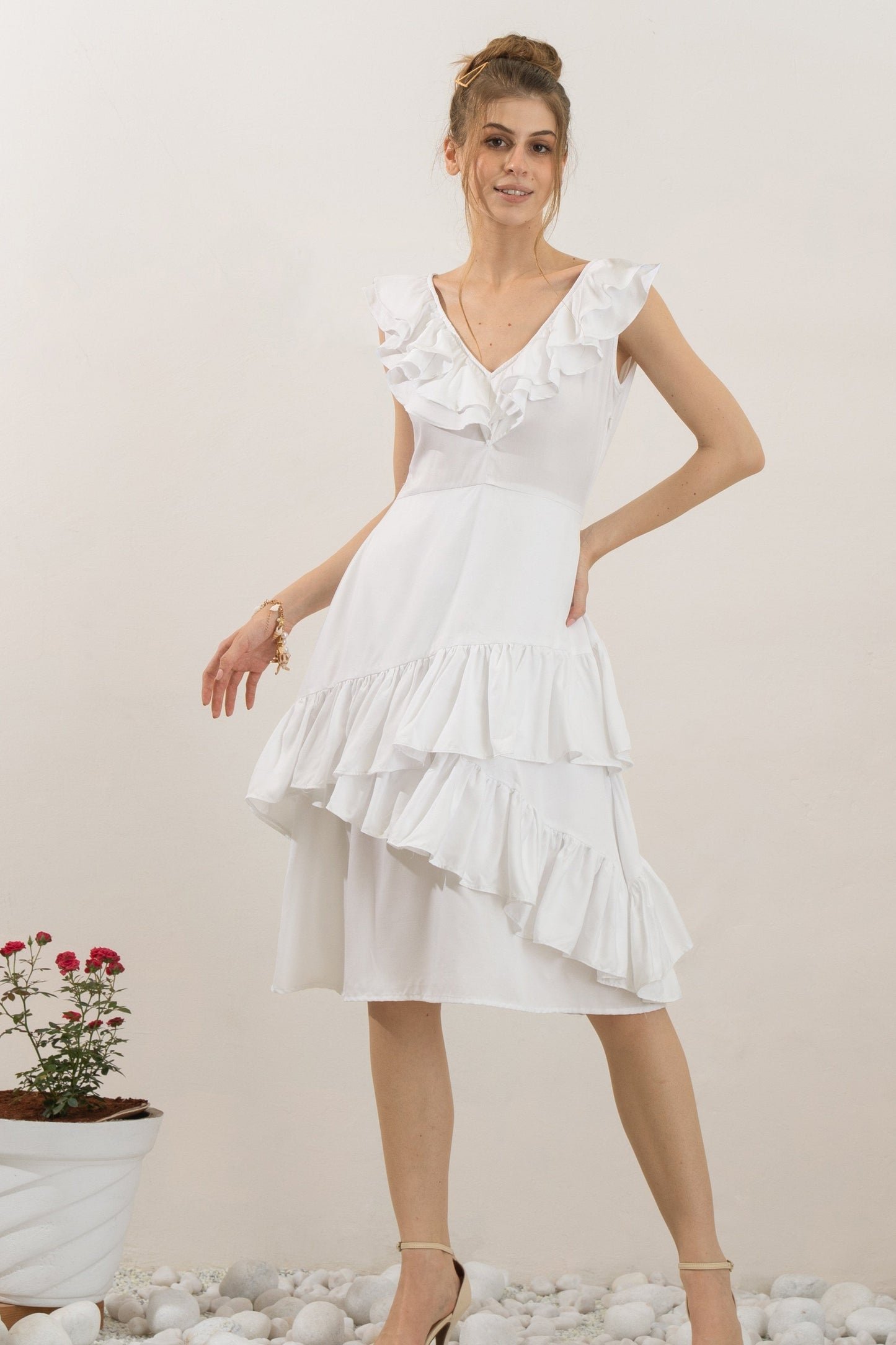 River Ruffle Dress styled – white V-neck Tencel dress with zigzag frill – sustainable fashion NIOUR India