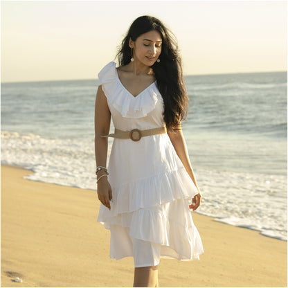 Woman in white River Ruffle Dress outdoors – sustainable Tencel midi dress – eco-friendly fashion by NIOUR India