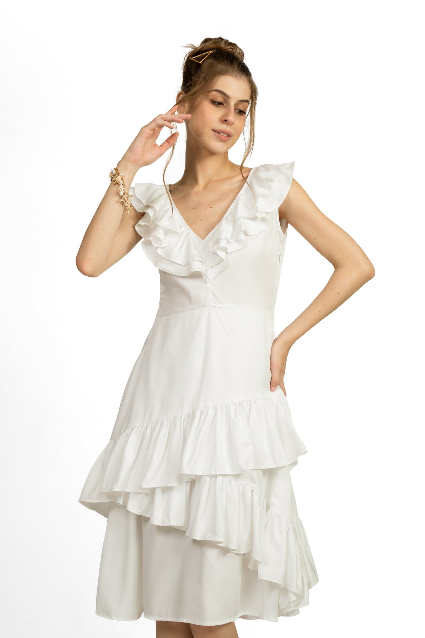 River Ruffle Dress ruffle detail – white Tencel Twill dress with frill pattern – eco-friendly NIOUR India