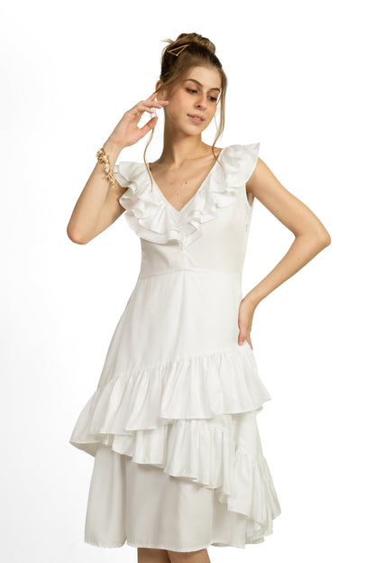 River Ruffle Dress ruffle detail – white Tencel Twill dress with frill pattern – eco-friendly NIOUR India