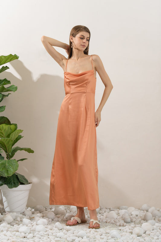 Ruth's Royal Dress front view – floor length peach colour Tencel Satin dress for women – NIOUR India 