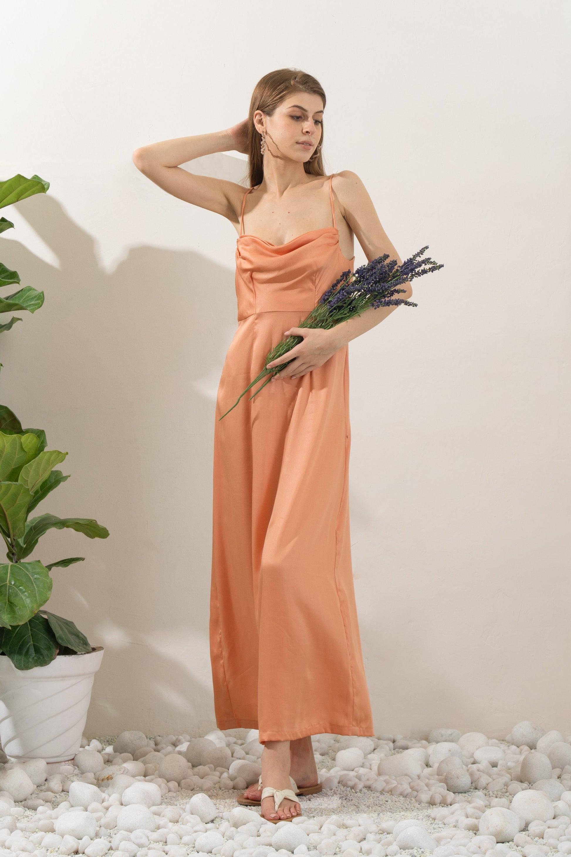 Woman in Ruth's Royal Dress – sustainable Tencel Satin floor length gown   – party wear NIOUR India